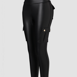 Women's Leather Pants High Waist Cargo Pockets Stretch Leather Leggings