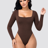 Square Neck Long Sleeve Backless Thong Slim Fit Bodysuit