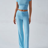 Essential Two-Piece Active Set ropped Short Sleeve Top Drawstring Flare Pants