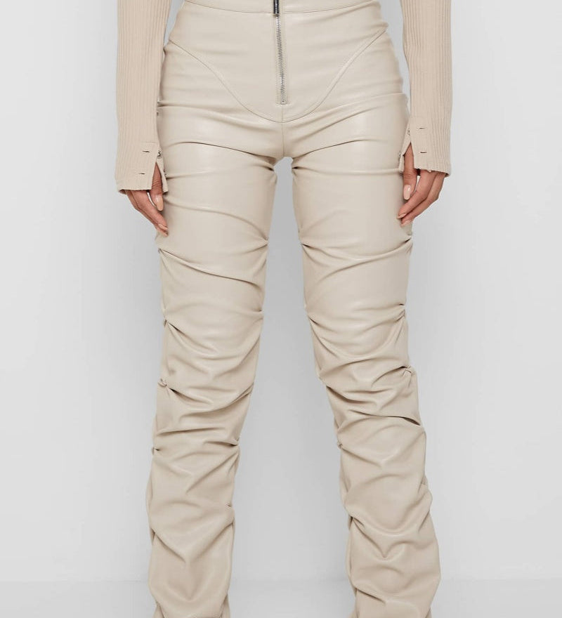 PU Leather Personalized Pleated Flared Pants