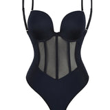 Women's Tummy Control Thong Sheer Mesh Corset Top Backless Bodysuits