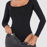 Women's Seamless Square Neck Long Sleeve Bodysuits Sculpting Thong Bottoming Shirt Body Shaper