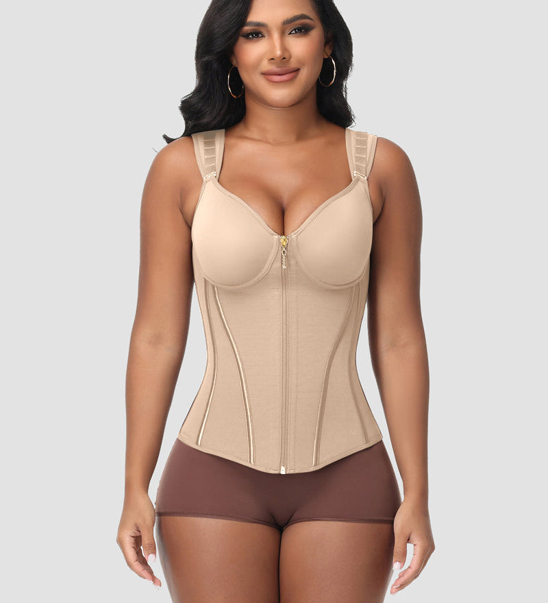 Double Compression Long Slimming Girdle Waist Trainer Zipper Vest with Bra