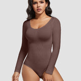 Seamless Crew Neck Long Sleeve Corset Bodysuit Tops Stretch Triangle Jumpsuit