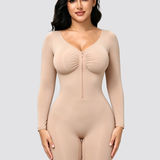 Front Zipper Long Sleeve Mid Thigh Full Body Shapewear Bodysuit
