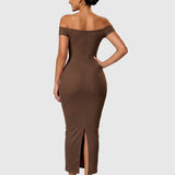 Off Shoulder Ruched Bust Bodycon Maxi Dress with Back Slit
