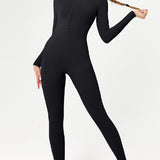 Zip Up Long Sleeve Fleece Skinny Jumpsuit Winter Thermal One-piece Fitness Bodysuit