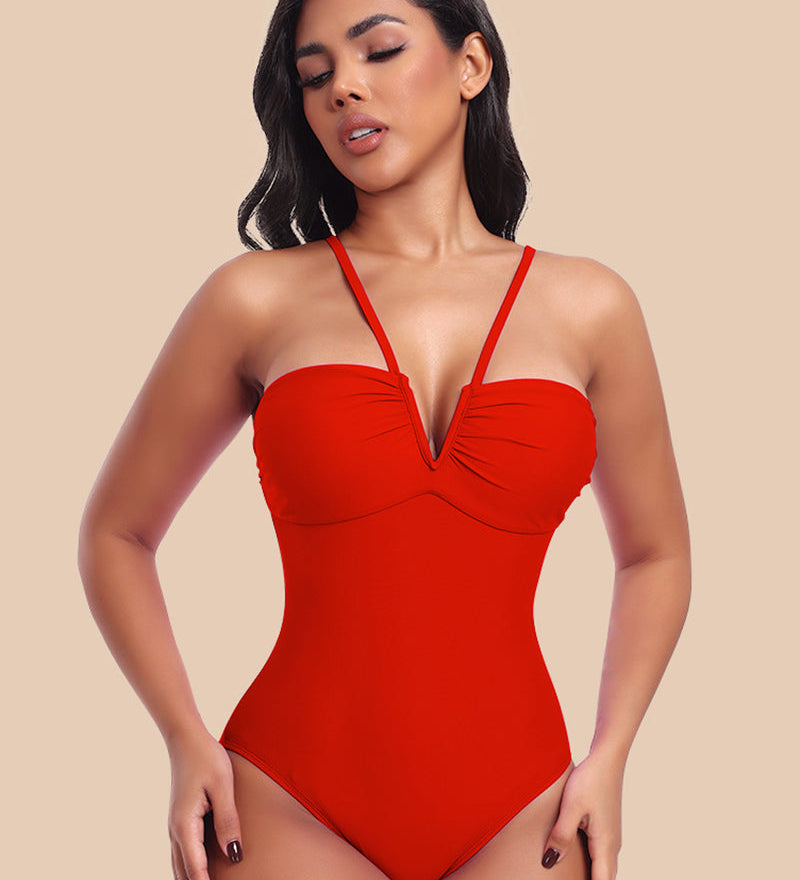 Sexy Strappy Triangle V-shaped Halter Neck One-piece Body Shaping Swimsuit
