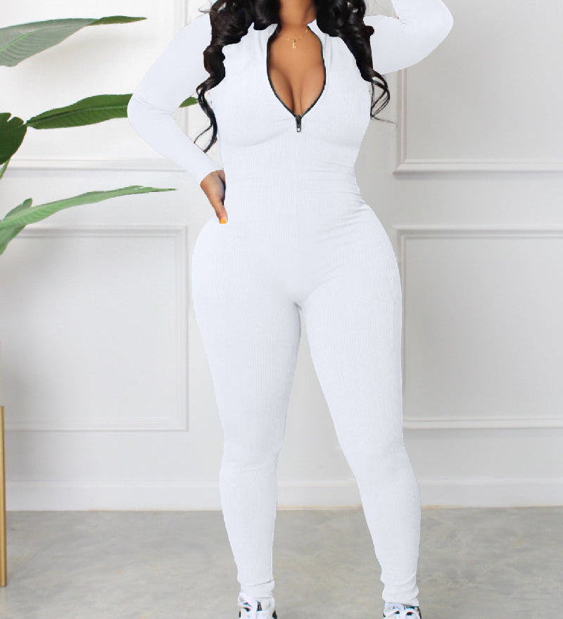 Women's Sexy Ribbed Long Sleeve Zipper Jumpsuits Casual Solid Bodycon Rompers
