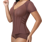 V Neck Front Zipper Short Sleeve Segmented Bone Waist Trainer Compression Shaping Top