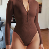Zipper Front Long Sleeve Sexy Ribbed Triangle Bodysuit
