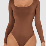 Women's Seamless Square Neck Long Sleeve Bodysuits Sculpting Thong Bottoming Shirt Body Shaper