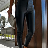 High Waist Hip Lift Casual Stretch Spliced Faux Leather Pants