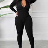 Women's Sexy Ribbed Long Sleeve Zipper Jumpsuits Casual Solid Bodycon Rompers