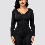 Front Zipper Long Sleeve Mid Thigh Full Body Shapewear Bodysuit