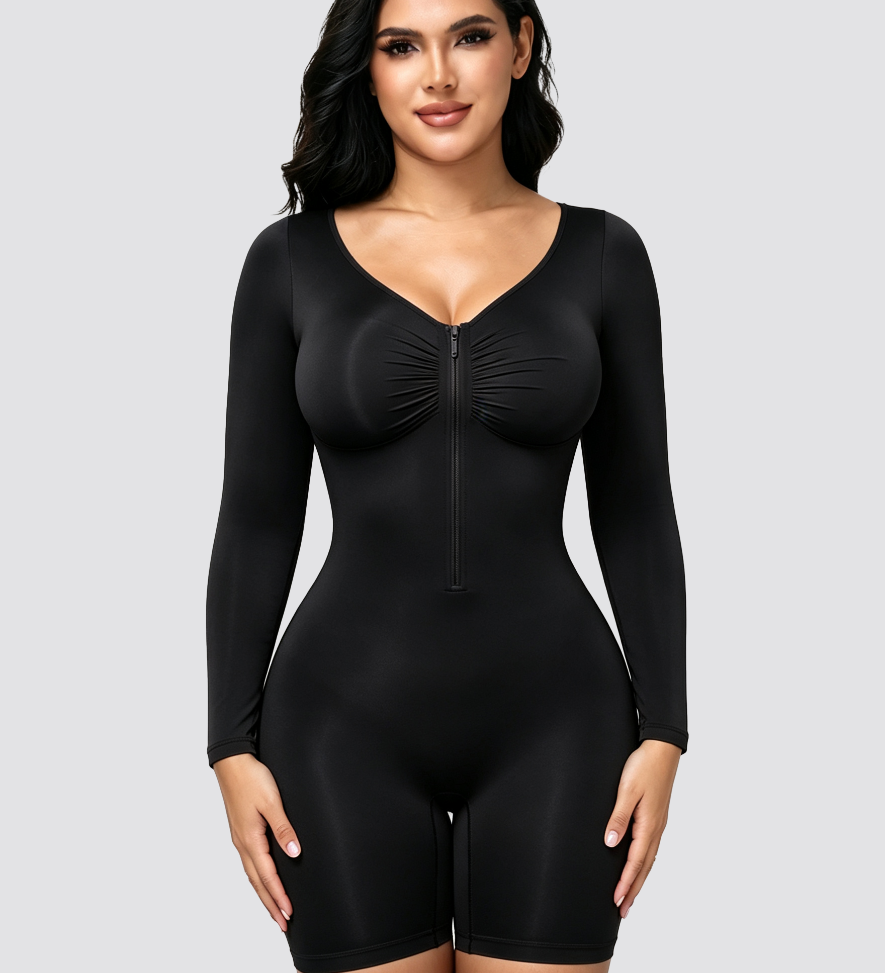 Front Zipper Long Sleeve Mid Thigh Full Body Shapewear Bodysuit