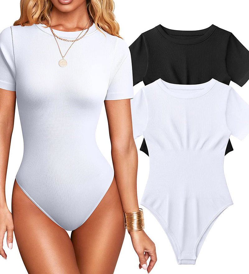 Women Sexy Ribbed Round Neck Short Sleeve Tummy Control Thong Bodysuit