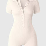 Ribbed Polo Collar Half Snap Front Short Sleeve Bodycon Romper