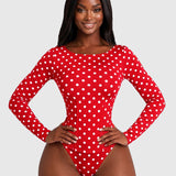 Polka Dot Scoop Neck Long Sleeve Bodysuit Detachable Corset Two Piece Set