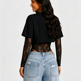 Short Sleeve Crop Top Lace Bodysuit Two Piece Outfit