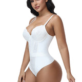 V Neck Lace Thong Bodysuit Adjustable Straps Waist Cinching Shapewear