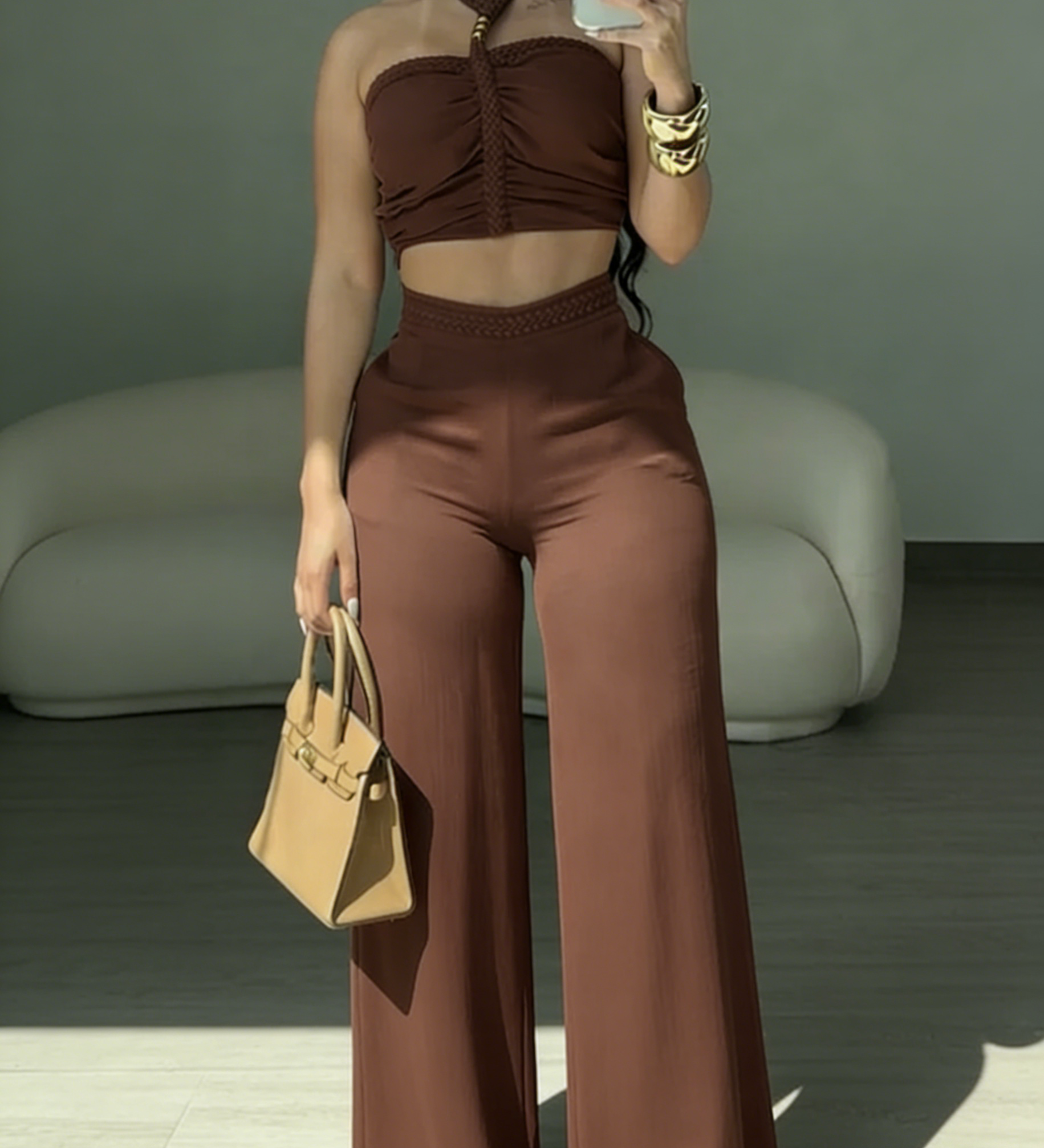 2 Piece Braided Trim Two Piece Outfit with Flared Trousers