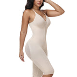 V Neck Front Zip Crisscross Back Knee Length Tummy Contro Bodysuit Butt Lifting Shaper