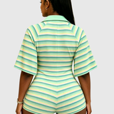 Striped Ribbed Polo Hourglass Romper with Button Front