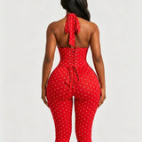 Hourglass Figure Body Shaper Waist Cincher Polka Dot Capri Jumpsuit Two-Piece Set