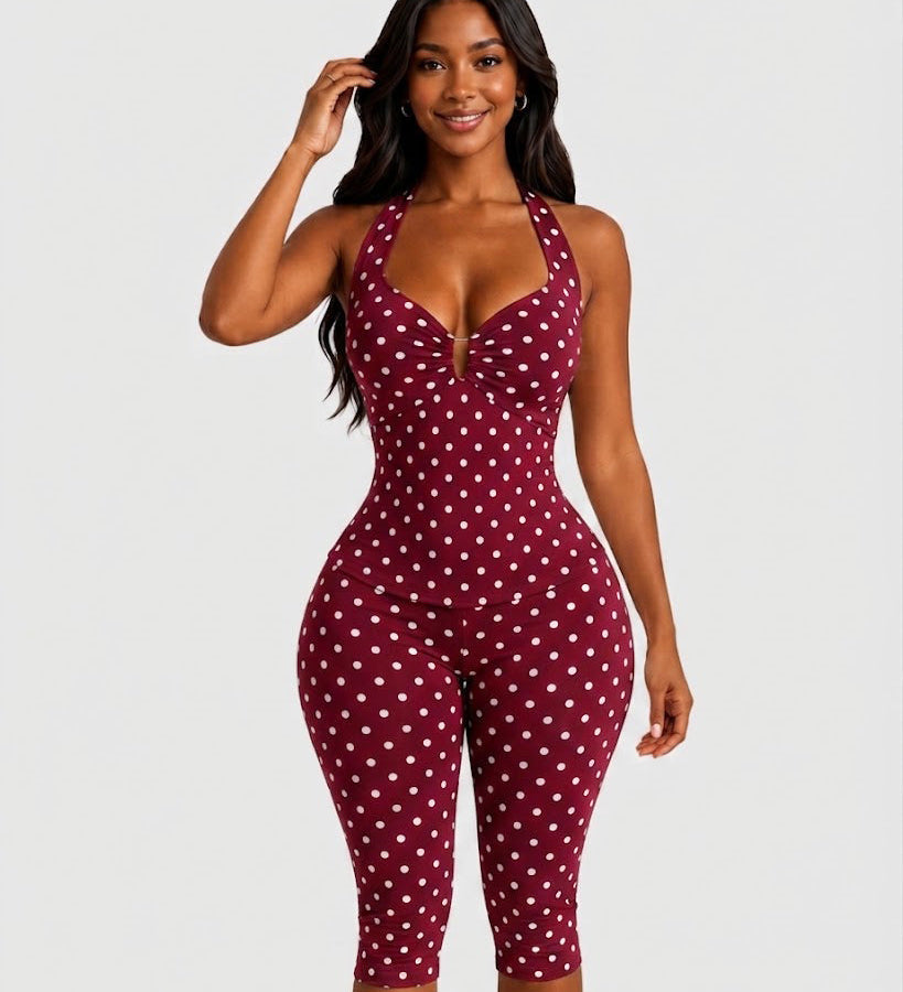 Polka Dot Halter Twist Top Capri Pants Two Piece Outfit Set