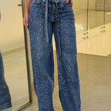 Fashionable Washed Mid Waist Diamond Studded Straight Leg Jeans