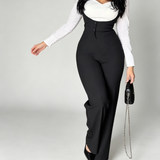 High Waist Button Detail Suspender Flare Jumpsuit