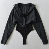 Solid Casual Button Up Shirt Bodysuit