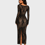 Square Neck Long Sleeve Lace Bodycon Maxi Dress