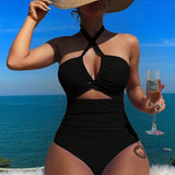 Cross Halter Ruched Front Cutout Backless One Piece Swimsuit