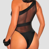 Sexy Off Shoulder Transparent Mesh Panel One Piece Swimsuit