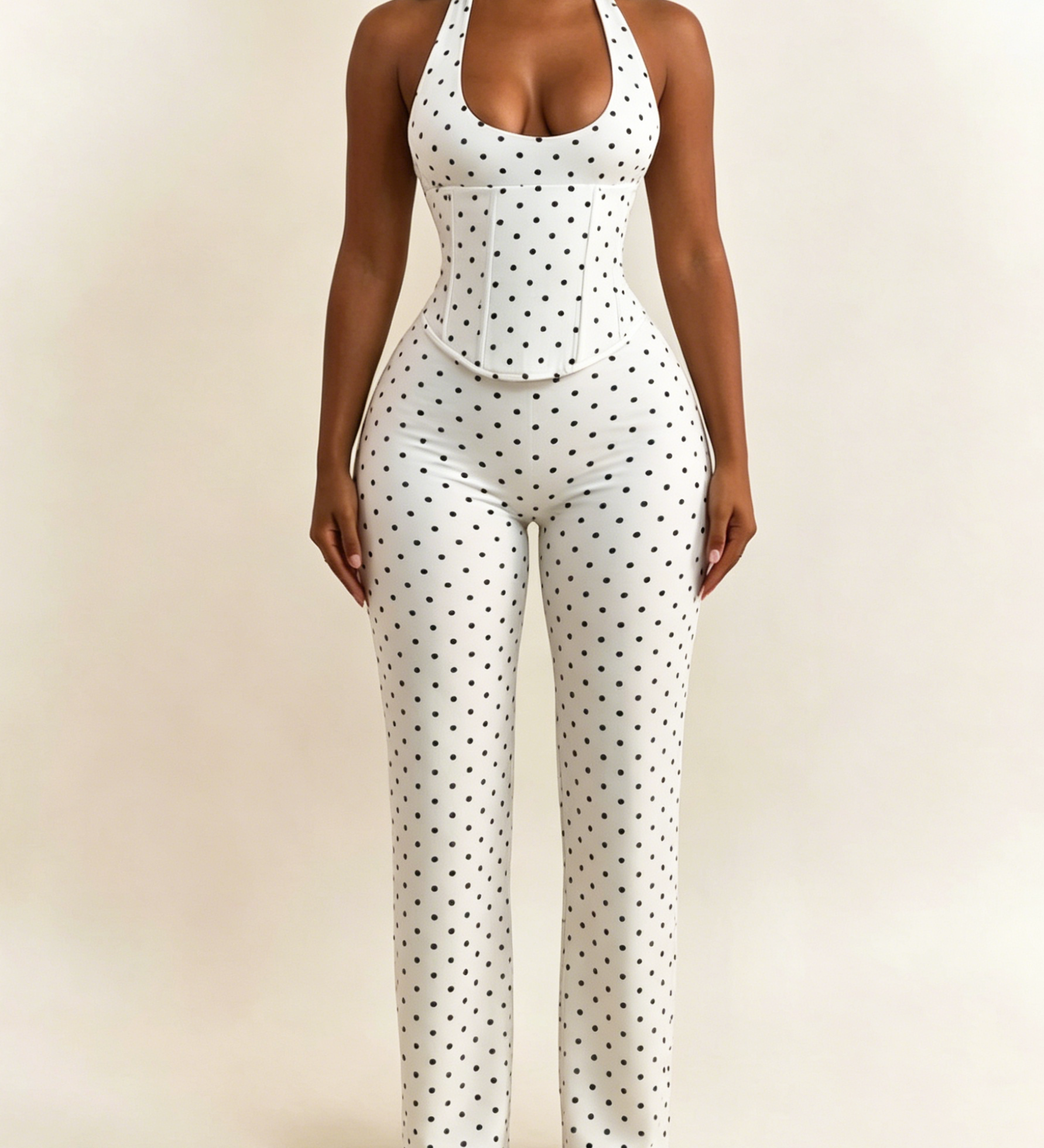 Polk Dot Halter-Neck Backless Detachable Corset Wide-leg Jumpsuit Two-Piece Set