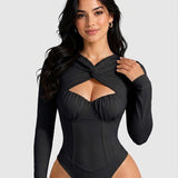 Sexy Twist Cutout Bustier Long Sleeve High Cut Bodysuit