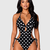 Polka Dot Halter Side Cutout Side One Piece Swimsuit