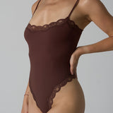 Spaghetti Strap Triangle Shapewear Bodysuit with Lace Trim