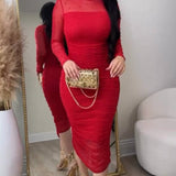 Elegant Mesh Paneled Ruched Bodycon Midi Dress with Mock Neck