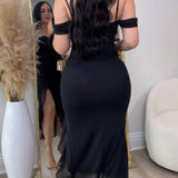 Glamorous Off Shoulder Dress with Ruffled Asymmetrical Slit