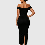 Off Shoulder Ruched Bust Bodycon Maxi Dress with Back Slit