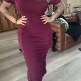 Off Shoulder Ruched Tummy Tuck Bodycon Midi Dress with Fishbone
