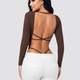 Square Neck Long Sleeve Backless Thong Slim Fit Bodysuit