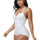 Polka Dot Halter Lace Up Back Zipper Bodysuit