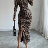 Long Sleeve Leopard Print Maxi Dress Side Ruched Slit Bodycon Dress