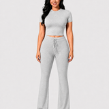 Essential Two-Piece Active Set ropped Short Sleeve Top Drawstring Flare Pants