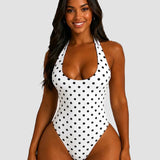 Polka Dot Halter Tie One Piece Swimsuit High Cut Hourglass Bodysuit