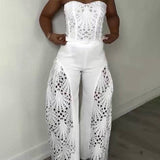 Elegant Strapless Floral Eyelet Cutout Top & Wide Leg Pants Set